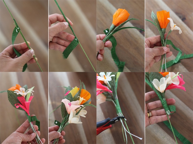 Cuối cùng, xếp các loại hoa khác nhau thành từng chùm nhỏ xen kẽ màu sắc, các loại hoa và độ lớn nhỏ khác nhau với thứ tự từ trên xuống, quấn giấy xanh và dùng kềm cắt thành từng bó nhỏ.