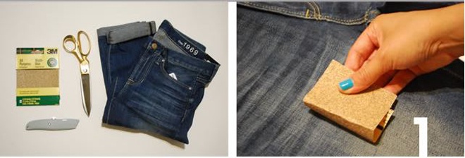 Cách 1. Để F5 kiểu quần jeans cổ điển, đã cũ thành jeans rách sành điệu, bạn cần chuẩn bị 1 chiếc quần jeans cũ, giấy nhám, 1 con dao đa năng, nhíp và kéo. Bắt đầu bằng cách dùng giấy nhám chà xát lên khu vực dự định tạo mảng rách để vải mềm và dễ bị tưa hơn. 