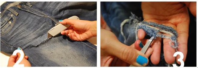 Dùng dao rọc các đường ngang, với kích thước không đều nhau ở những vùng vừa chà giấy nhám. Cũng nên dùng nhíp kéo bung các sợi vải ở các đường vừa bị cắt để chiếc quần jeans rách trông ấn tượng và tự nhiên hơn. 