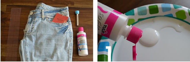 Cách 2. Bạn có thể tận dụng chiếc quần jeans rách vừa tạo thành, hoặc F5 một chiếc jeans rách cũ theo phong cách mới lạ, độc đáo hơn bằng cách sưu tầm thêm các nguyên vật liệu sau: 1 hộp sơn vải màu trắng, đĩa giấy, 1 miếng bọt biển hình tròn, que tăm và thước cây.