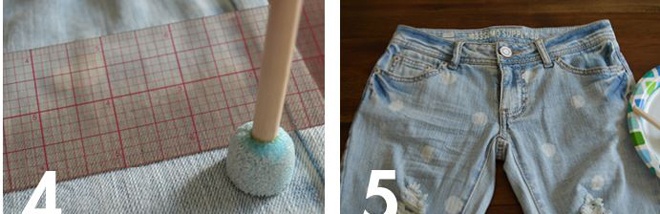 Gắn 1 đầu nhọn của tăm bông vào miếng bọt biển hình tròn để tạo thành cọ sơn. Thấm cọ vào hỗn hợp sơn vải và nước , sau đó chấm lên quần jeans ở nhiều vị trí rải rác khác nhau.