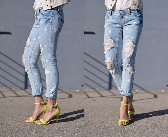 Bạn nên dùng thước để đo khoảng cách giữa các chấm bi nhằm rải đều chấm bi ra khắp bề mặt quần. 