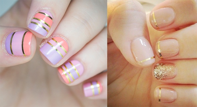 Cùng với xu hướng trang điểm bằng vàng thật và các loại phấn mắt ánh kim, những kiểu nail trang trí từ sợi vàng hoặc những hạt kim tuyến lóng lánh đang rất được quý cô sành điệu yêu chuộng trong xuân này.