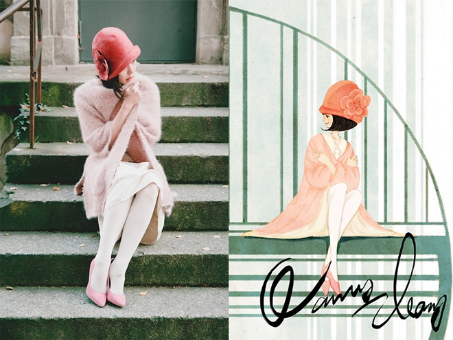 Khi thì hoài cổ, sang trọng với mũ cloche và áo khoác lông trên nền vải hồng duyên dáng.