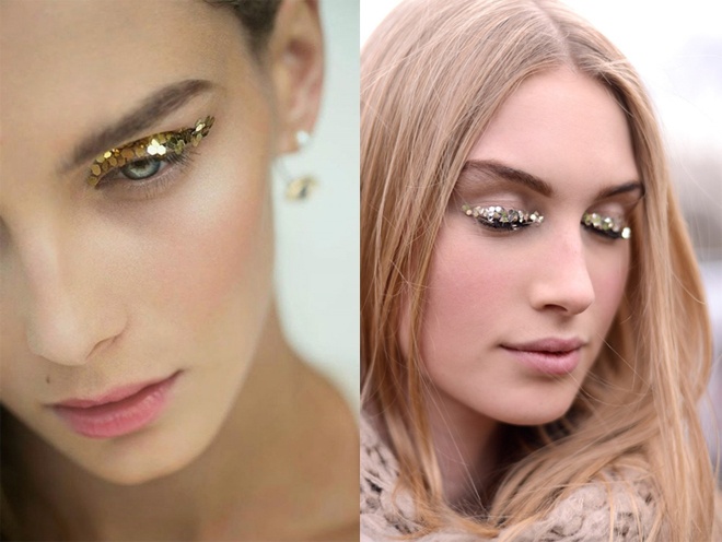  Ngoài dùng bột vàng như phấn mắt, các miếng vàng nhỏ 18K, 24K còn được phết lên 2 bên sóng mũi, hoặc trên mi mắt để tạo nên phong cách độc đáo cho người mẫu.