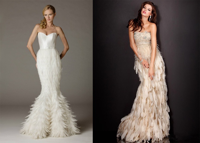 Nổi tiếng và chinh phục giới mộ điệu từ chiếc váy cưới Chanel đính lông vũ của Hoa đán Châu Tấn trong năm 2014, đến nay các thiết kế váy cưới bay bổng, lãng mạn với những chiếc lông hay sợi tua rua nhiều kiểu dáng, màu sắc đã được những thương hiệu tên tuổi như Vera Wang, Pronovias, Zuhair Murad, Mermaid, Val Ftefani, Naeem Khan …lăng xê nhiệt tình trên sàn diễn bộ sưu tập cưới xuân hè và thu đông 2015.