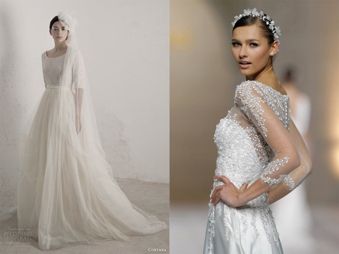 Đây cũng là kiểu váy cưới rất đẹp đôi với những cô dâu yêu chuộng vẻ đẹp kín đáo, thanh lịch. Các kiểu cổ lọ, cổ thuyền kết hợp khoảng xuyên thấu nhẹ nhàng kèm trang trí đính đá, thêu hay họa tiết hoa 3D tinh tế hứa hẹn sẽ là một trong những xu hướng váy cưới rất nóng trong mùa cưới năm nay.