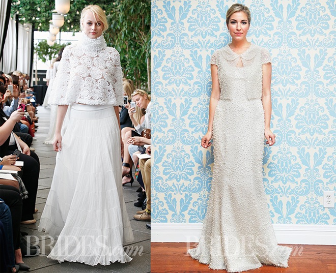 6. Váy cưới kèm áo khoác. Váy cưới có phần thân trên được cách điệu theo các kiểu áo khoác như cap coat, măng tô, cardigan mỏng, peplum … có cùng chất liệu, hoa văn, màu sắc hoặc họa tiết với phần chân váy sẽ luôn mang đến vẻ đẹp thật phong cách và hiện đại cho những cô dâu sành điệu.