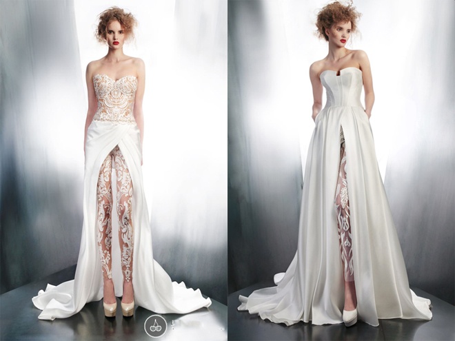 Ưu điểm tuyệt vời của loại áo cưới kèm quần là giúp cô dâu di chuyển thoải mái, an toàn. Tuy nhiên, nếu ngại quá nổi bật và khác biệt, bạn có thể thử kiểu quần giấu phía sau chân váy như của thương hiệu Gemy Maalouf để vẫn giữ được vẻ đẹp lãng mạn, bay bổng vốn rất cần thiết trong tiệc cưới.