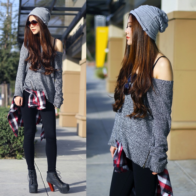 3. Áo lệch vai. Vẫn là những chiếc áo len của mùa đông nhưng được mặc theo một cách khác, phóng khoáng và táo bạo hơn rất hợp với không khí mát lạnh của mùa xuân.