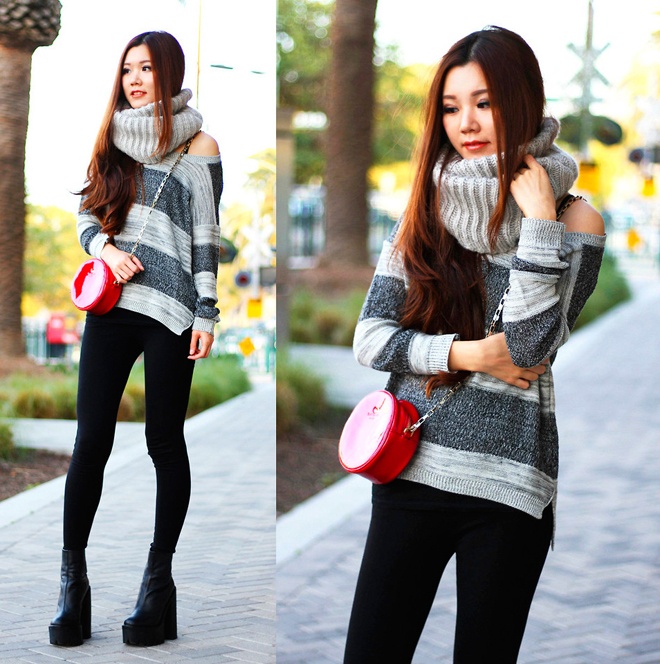  Áo len lệch vai kết hợp cùng khăn choàng len và skinny màu tối là giải pháp mang đến nét đẹp thon gọn hơn cho bất cứ cô nàng tròn trịa nào. Để tăng hiệu quả “kéo dài chân”, bạn nên kết hợp thêm đôi bốt đen cao gót cùng màu với quần.