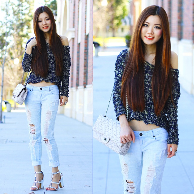  Bạn cũng có thể tận dụng quần jeans rách đang rất mốt trong mùa đông qua để phối cùng len lệch vai tạo nên set đồ xuân rất gợi cảm và quyến rũ.