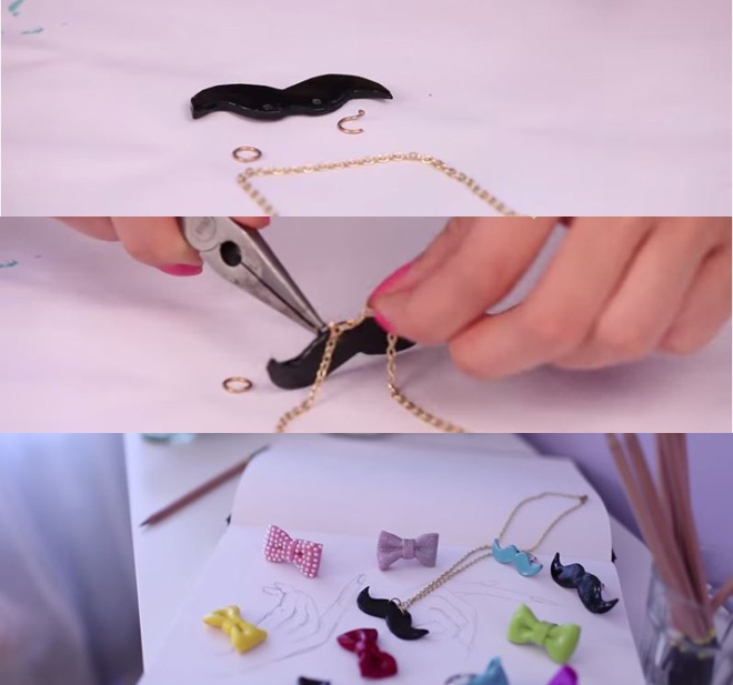 Sử dụng kềm gắn 2 chiếc khoen nhỏ vào 2 cạnh bên ria mép như hình minh họa, rồi tiếp tục móc dây chuyền ánh kim vào. Thế là bạn đã tạo thành một sợi dây chuyền có mặt hình ria mép thật ngộ nghĩnh và sinh động.