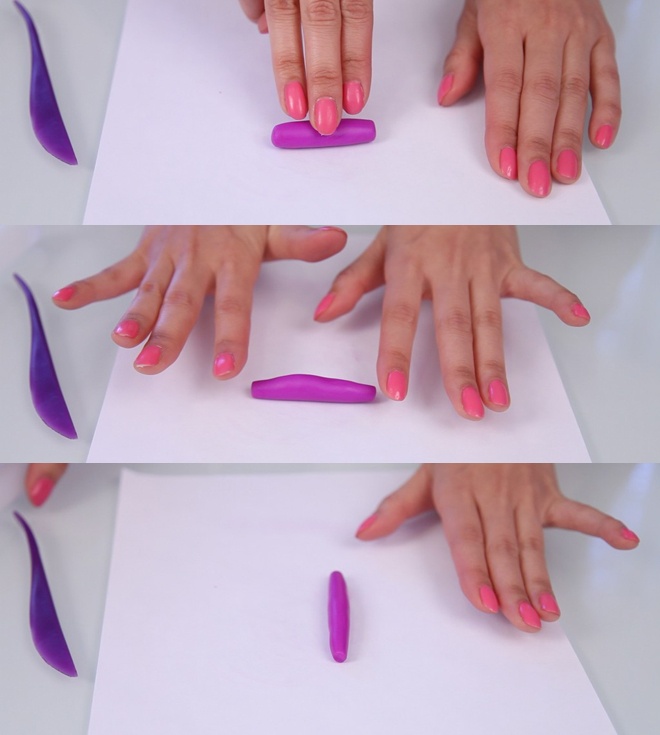  Dùng tay lăn đất sét thành nhiều vòng để tạo thành thanh nhỏ có hình dáng như trên.