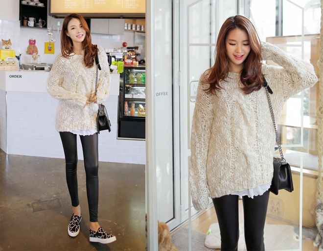 Mix layer giữa áo len hoa văn nữ tính, áo sơ mi dài, giày Oxford cùng quần skinny da đen, bạn sẽ trở thành nàng công sở vừa nữ tính vừa cá tính, hợp mốt.