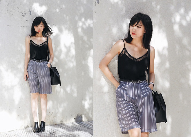 Với những nàng gợi cảm, thời trang áo ngủ mix với quần shorts sọc dọc sẽ mang lại vẻ đẹp sexy, quyến rũ rất ngọt ngào.