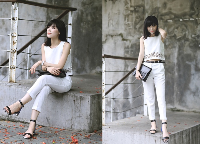 Các nàng chân ngắn cũng có thể tận dụng bí quyết làm thon và dài chân bằng cách phối trang phục nguyên cây monochrome, với cùng 1 gam màu như đen, trắng, pastel …