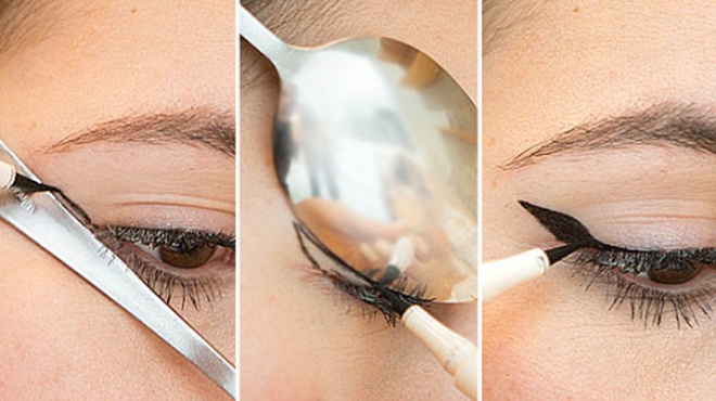 4. Kẻ eyeliner. Dùng cán muỗng để vẽ đường thẳng ở đuôi mắt. Sau đó úp muỗng vào mí mắt, viền bút kẻ theo đường cong của chiếc muỗng để tạo phần “đôi cánh” cho mắt thật ấn tượng và cuốn hút.