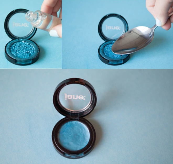 8. Chữa phấn mắt bị hỏng. Phấn mắt hoặc các loại mỹ phẩm dạng bột để lâu ngày bị vón cụt, hoặc khi lỡ tay đánh rơi xuống đất sẽ vỡ vụn rất khó sử dụng. Đừng bỏ đi phần phấn mắt tưởng chừng đã hỏng này, vì bạn có thể phục hồi chúng chỉ trong chốc lát. Đầu tiên hãy gom các mảnh vụn bỏ vào hộp, lấy 1 ít cồn đổ vào hỗn hợp rồi trộn đều và dùng muỗng nén lại thật chặt. Bạn sẽ có thể sử dụng lại chỉ sau 10 phút để hỗn hợp tự khô.