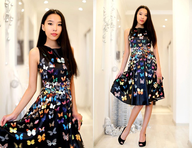 Nếu là cô nàng cao kều yêu vẻ đẹp duyên dáng, ngọt ngào, bạn có thể chọn các họa tiết mềm mại như cánh bướm thêu nổi độc đáo và rực rỡ trên nền vải sheer đen nhiều tầng lớp như Aibina.
