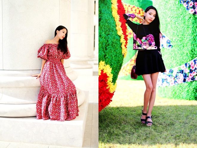 Váy áo họa tiết floral to bản, với chất liệu vải hơi cứng, may phom rộng và có độ xòe rất thích hợp với bạn gái cao gầy.