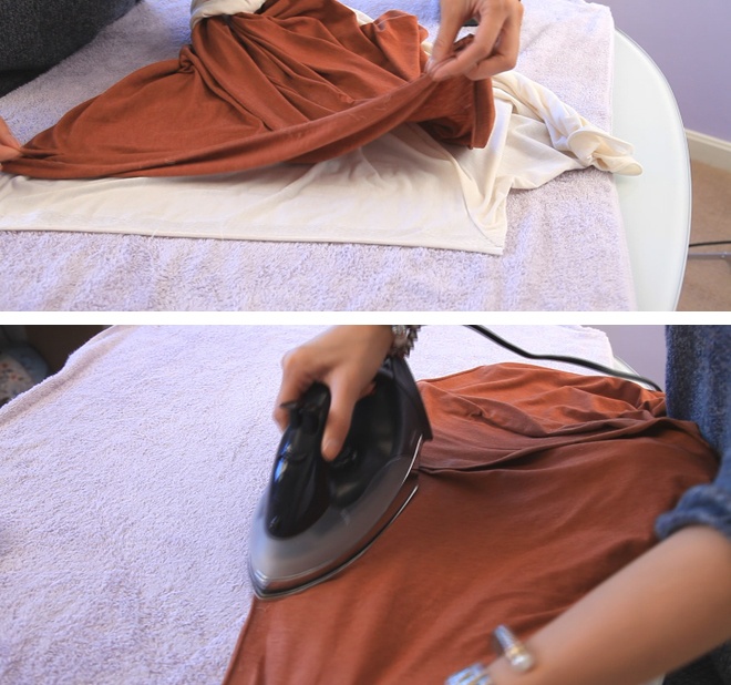 Thao tác tương tự với phần khăn màu nâu sậm. Sau khi hoàn tất, tiếp tục nối 2 cạnh trắng và nâu lại với nhau bằng keo ủi vải và bàn là.