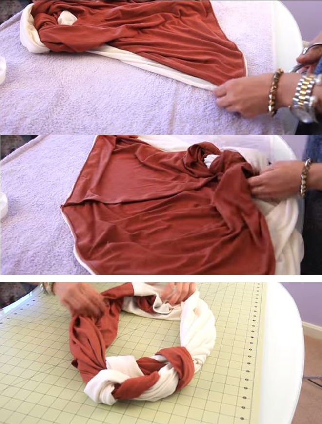Thao tác tương tự với phần khăn màu nâu sậm. Sau khi hoàn tất, tiếp tục nối 2 cạnh trắng và nâu lại với nhau bằng keo ủi vải và bàn là.