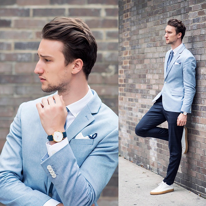Sự phối màu ton sur ton luôn mang đến vẻ đẹp cuốn hút và sang trọng cho phái mạnh, chẳng hạn như nguyên cây vest tông xanh da trời và xanh biển kèm đồng hồ dây xanh thanh lịch như thế này.