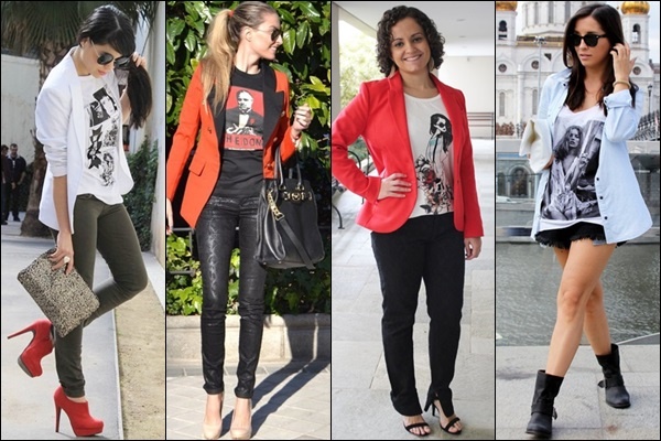 6. Với áo phông họa tiết:: Áo phông họa tiết là xu hướng thời trang luôn được phái đẹp ưa thích. Nó thể hiện sự năng động, tự tin, đặc biệt càng hoàn hảo khi kết hợp với blazer.