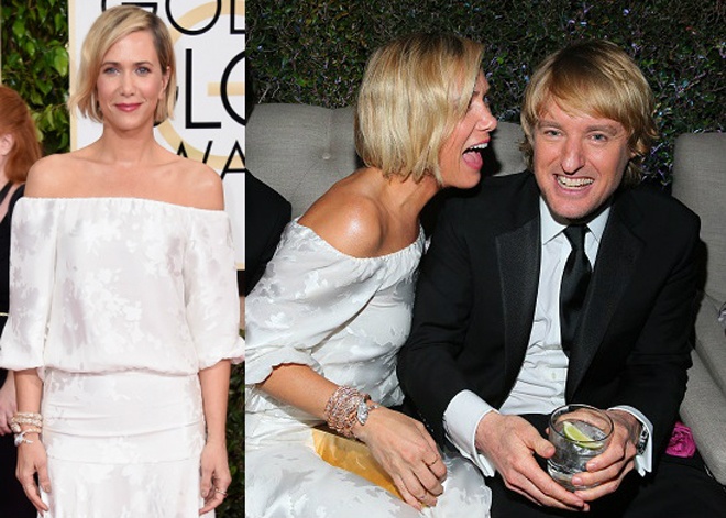 Nữ diễn viên Kristen Wiig cũng thật tỏa sáng với chiếc váy dạ hội ngang vai cá tính, mix cùng trang sức hình rắn đeo tay nạm đá quý và kim cương nằm trong bộ sưu tập cao cấp Serpenti của thương hiệu cao cấp Bulgari.