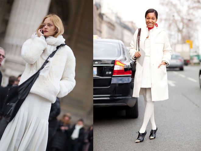 White on white đang làm mưa làm gió trong làng sao quốc tế, và tất nhiên không thể vắng bóng trên đường phố Paris đầy những tín đồ sành mốt.