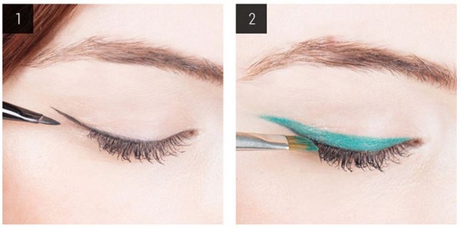 1. Tạo mắt mèo xanh long lanh. Sau khi thoa kem nền, kem che khuyết điểm, phấn hồng lên vùng mắt và khuôn mặt, bạn hãy dùng chì và sáp đen kẻ thành đường cat eye như hình minh họa. Tiếp theo là dùng cọ phủ phấn mắt xanh theo đường cat eye đã được vẽ trước đó.
