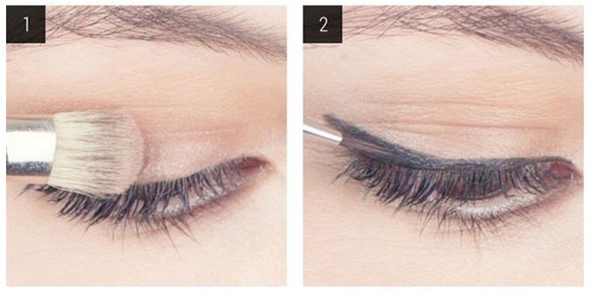 Bắt đầu bằng các bước dùng kem nền, kem che khuyết điểm và phấn hồng cho mắt, khuôn mặt, sau đó tạo bóng màu nâu nhạt lên toàn bộ phần mí mắt, nhấn đậm hơn ở đuôi mắt. Dùng chì kẻ đường cat eye và phủ phấn mắt màu đen như hình hướng dẫn.