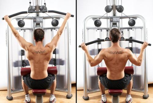 3. Lat Pull-Down (Kéo xô sau đầu): Bài tập này chủ yếu thực hiện cho cơ lưng to nằm ở thành ngực phía bên ngoài. Bạn thường nhìn thấy mọi người ở trong phòng tập thể dục thực hiện Lat Pull-Down bằng cách nắm chặt thanh tạ rồi kéo xuống phía sau cổ. Tuy nhiên, như vậy là không chính xác vì nó gây áp lực lên cổ và vai. Kỹ thuật an toàn và hiệu quả hơn là sử dụng một tay hẹp trên thanh tạ và kéo nó xuống đến trước ngực trong khi giữ lưng thẳng. Ảnh: Steadystrength.