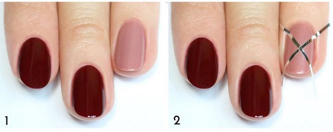 Đầu tiên, bạn cần sưu tầm vài cuộn dây băng keo 1 mặt bản nhỏ nhất. Sơn màu hồng nâu nhạt lên phần ngón áp út và phủ đều 4 móng còn lại với màu sơn đỏ bọc đô. Đợi sơn khô, dán 2 sợi dây băng keo chéo qua nhau trên móng tay sơn màu hồng nâu nhạt.