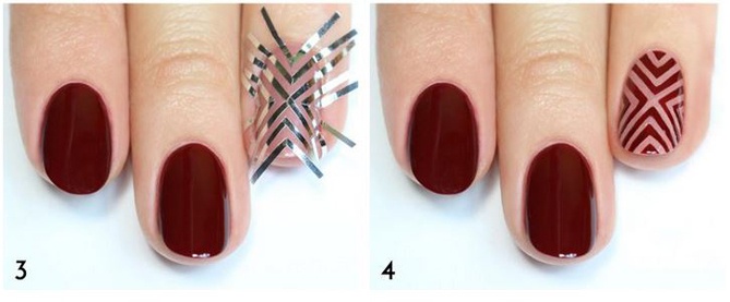 Tiếp tục dán các sợi dây băng keo còn lại lên móng với hình mũi tên có khoảng cách đều nhau trước khi phủ 1 lớp sơn màu đỏ bọc đô. Sau khi lớp sơn phủ đã khô, bạn chỉ việc dùng tay cẩn thận gỡ lớp băng keo ra khỏi móng là có ngay 1 kiểu nail cá tính khó “đụng hàng”.