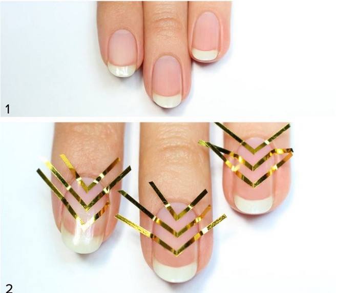 Bắt tay vào việc bằng cách phủ 1 lớp sơn bóng không màu lên toàn bộ móng tay trước khi dán các dây băng keo theo hình mũi tên từ lớn đến bé như trong ảnh minh họa.