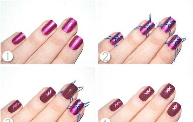 Cách 3. Dễ thực hiện hơn cả 2 cách trên, bạn chỉ cần dán 4 sợi dây băng keo chéo qua móng tay như hình hướng dẫn sau khi đã sơn 1 lớp phủ đầu tiên. Phủ thêm 1 lớp sơn đậm màu hơn lớp đầu lên toàn bộ móng tay, kể cả phần dây băng keo. 