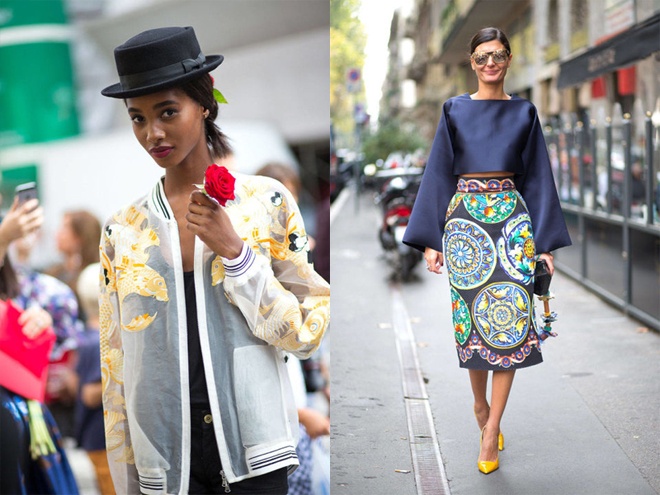Đường phố Milan năm nay cũng chứng kiến sự “phủ sóng” của các họa tiết rực rỡ, sang trọng phương Đông và hoa văn 3D lạ mắt được in hoặc đính trên váy áo.