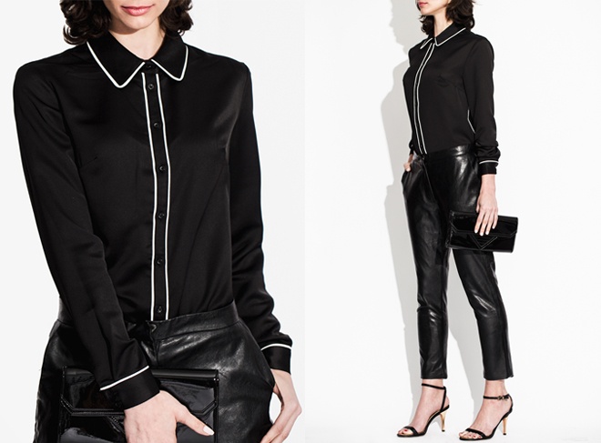 Hoặc ngược lại nếu mọi người đã quen mắt với phong cách hiện đại, trẻ trung cùng chiếc áo sơ mi chừa vài khuy không cài cúc, hãy thử nghiệm kiểu “kín cổng cao tường”. Đây cũng là cách để các cô nàng công sở thêm thanh lịch và sang trọng. Kết hợp quần da đen đang rất mốt trong năm nay, bạn sẽ trở nên sành điệu, khác lạ hơn hẳn. 