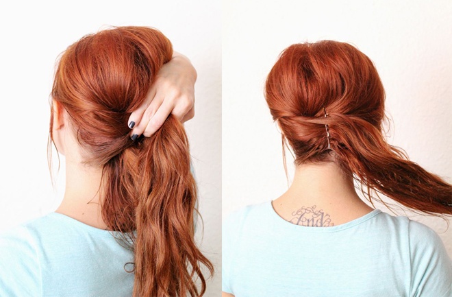 Bước 3. Tiếp tục gom hết tóc lại và dùng kẹp tăm cài lệch sang một bên đầu như hình minh họa.