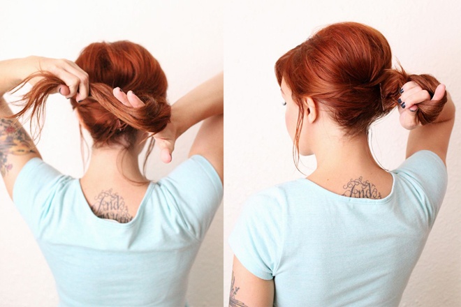 Bước 4. Dùng 1 tay giữ phần đuôi tóc, tay còn loại xoắn tóc vào trong thành búi nhỏ.