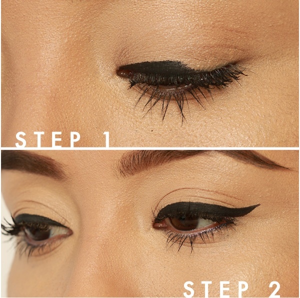 Bước 1: Bắt đầu kẻ từ góc trong cùng của mắt và kéo cọ hướng dần ra phía ngoài, chú ý vẽ đậm nét hơn khi tiến đến gần góc ngoài cùng của mắt. Bước 2: Kéo dài đường kẻ ra quá khóe mắt để tạo thành một góc vát nhẹ theo đường cong của mi dưới.