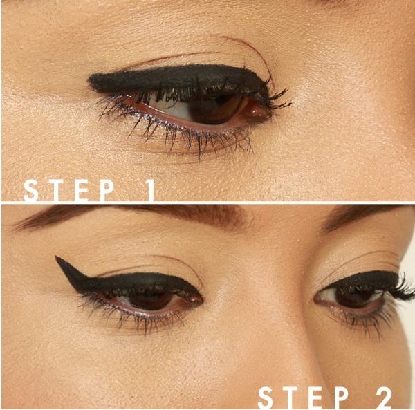 Bước 1: Vẽ một đường đậm dọc theo viền mi bằng những nét ngắn và dừng lại ở khóe mắt. Bước 2: Kéo dài đường kẻ và hất nhẹ phần đuôi theo góc 25 độ, sau đó tô đậm.