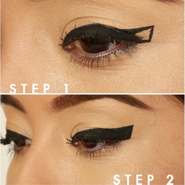 Bước 1: Vẽ một đường đậm hơn dọc theo chân mi trên, dừng lại ở khóe mắt. Bước 2: Kéo dài đường kẻ và vẽ hất lên như cách thực hiện kiểu kẻ hơi hất lên. Vẽ một đường chéo hướng ra phía ngoài từ khóe mắt và nối nó với đường kẻ bạn vừa vẽ dọc chân mi. Sau đó, tô đậm phần khoảng trống ở giữa để tạo ra một đường viền đậm và ấn tượng.