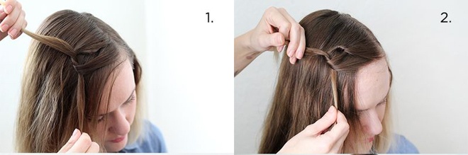  Dùng lược chải thẳng tóc và rẽ đường ngôi giữa. Chia 2 phần tóc trên đỉnh đầu có độ dày bằng nhau rồi thắt nút chéo. Tiếp tục lấy 2 phần tóc ngay dưới nhập chung với phần tóc trước, sau đó thắt thành một nút nhỏ mô phỏng mắt xích của sợi dây chuyền như hình minh họa.