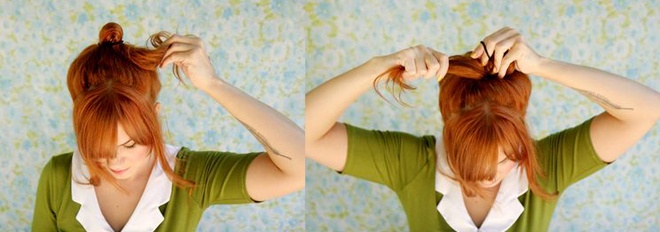 Bước 2. Kéo toàn bộ phần đuôi tóc qua phải hoặc trái, luồn đuôi tóc vào giữa chỏm tóc đã buộc dây chun để tạo thành một bên cánh nơ.