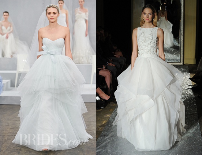 4. Váy nhiều tầng lớp. Không phải kiểu váy cô dâu xòe rộng, màu sắc sặc sỡ vốn đã qua mùa mốt từ lâu, các nhà thiết kế lớn trên thế giới như Marchesa , Badgley Mischka,  Claire Pettibone, Angel Sanchez… đã mang đến một làn gió mới cho những chiếc váy cưới nhiều tầng bằng các lớp xếp nếp bất đối xứng, được trang trí họa tiết tinh tế, bắt mắt hoặc may bằng chất liệu vải sang trọng với độ xòe vừa phải…