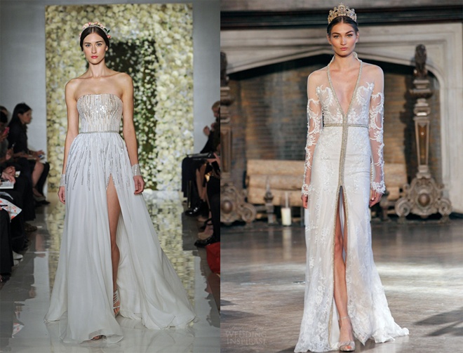 5. Váy xẻ tà. Các nhà mốt nổi tiếng như Sarah Jassir, Houghton, Reem Acra… đã giúp những cô dâu yêu chuộng vẻ đẹp gợi cảm có dịp hút ánh nhìn thật tinh tế qua kiểu váy cưới xẻ tà đơn giản nhưng cuốn hút.