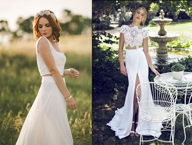 Váy cưới 2 mảnh (crop – top). “Cơn say” crop – top của các tín đồ quốc tế dù đã bắt đầu cách đây vài năm, nhưng đến nay vẫn chưa có dấu hiệu hạ nhiệt. Bằng chứng là sau street style và thời trang thảm đỏ, crop – top đã xuất hiện trong các thiết kế váy cưới hiện đại, cá tính đến không ngờ của hàng loạt nhà mốt đình đám như Theia, Monique Lhuillier, Reem Acra, Delphine Manivet…